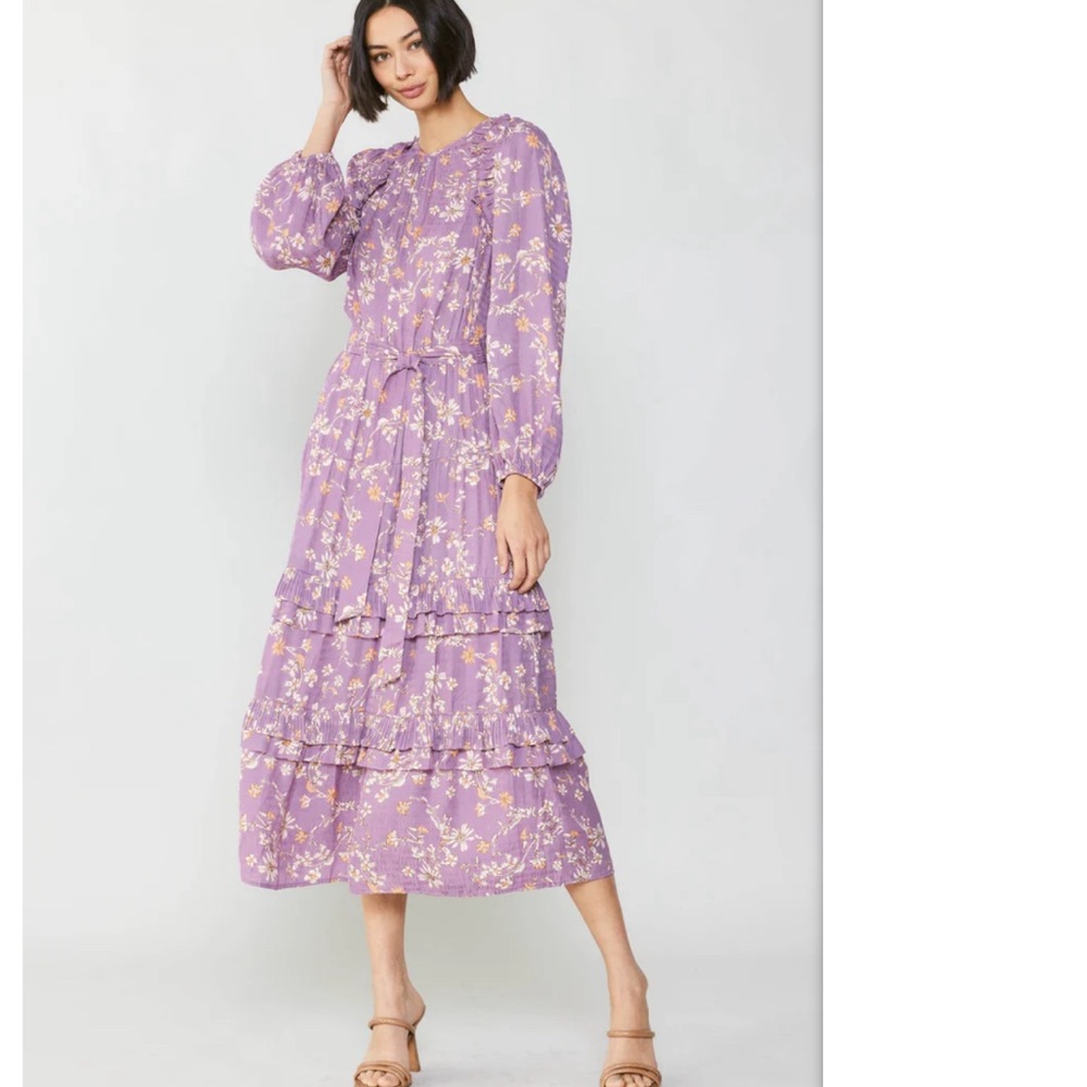 Anthropologie Current Air Floral Tiered Maxi Long Sleeve Dress - MEDIUM